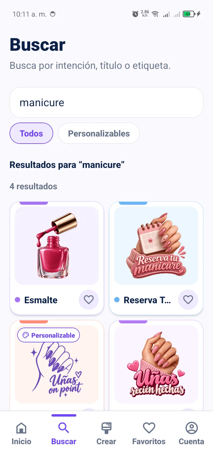 Pantalla Buscar de StickerFlow con los resultados de manicure