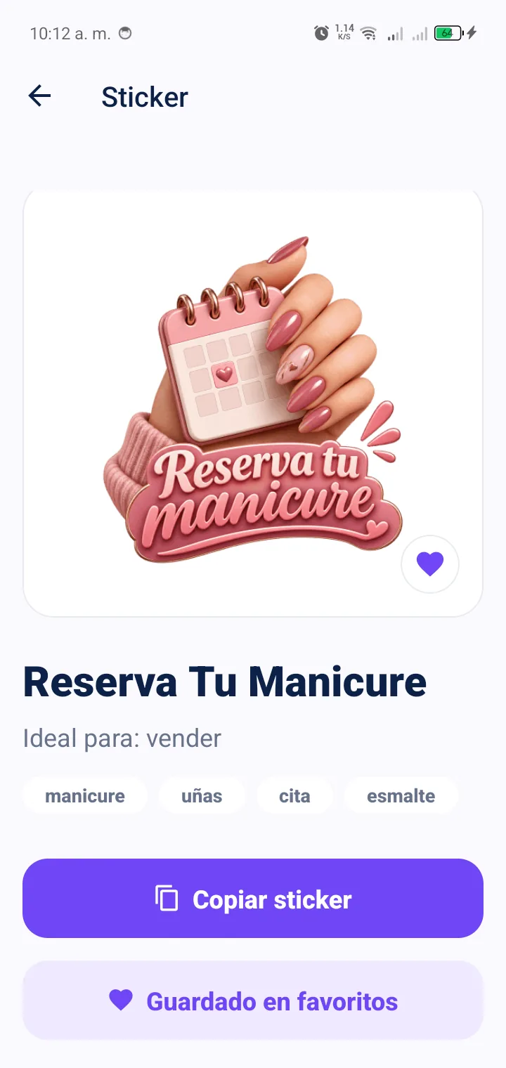 Detalle del sticker Reserva tu manicure con el botón Copiar sticker