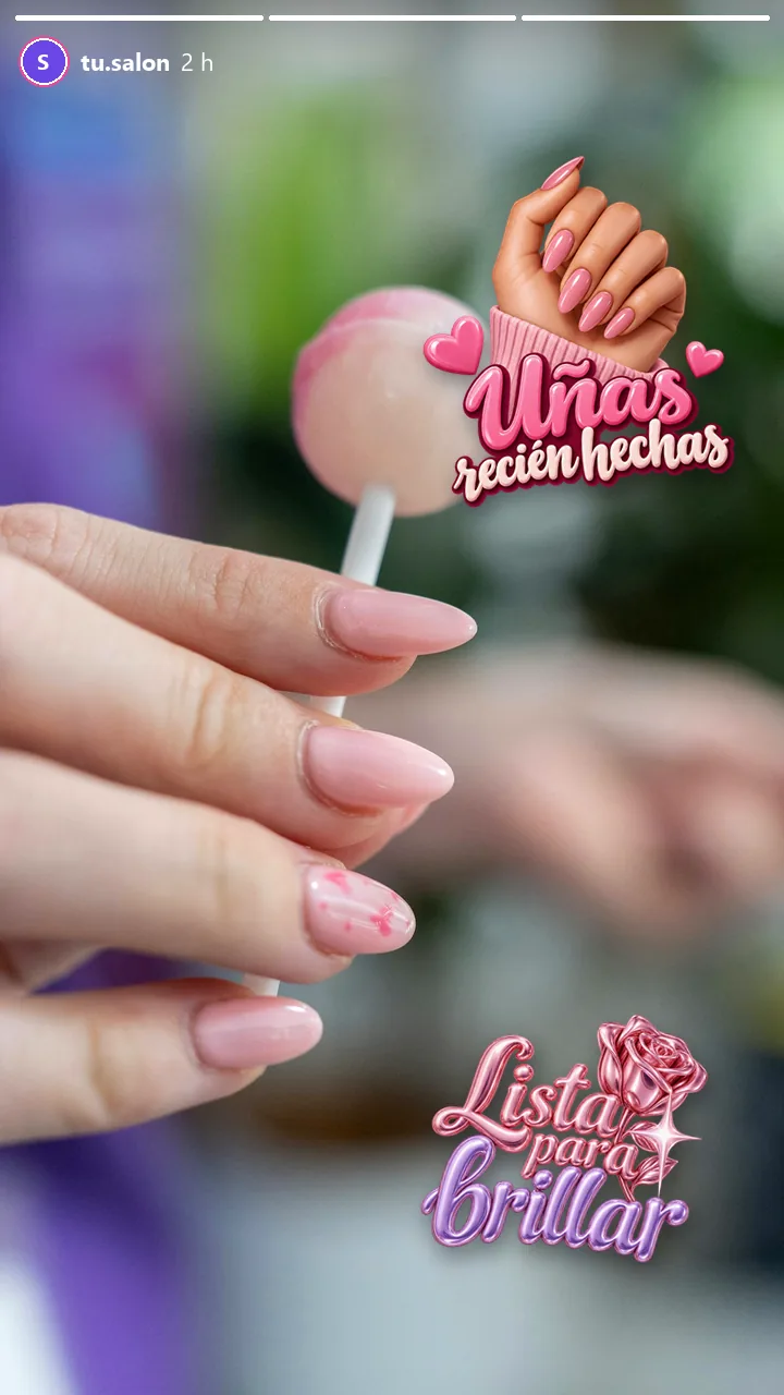 Historia de una manicura rosa con los stickers Uñas recién hechas y Lista para brillar
