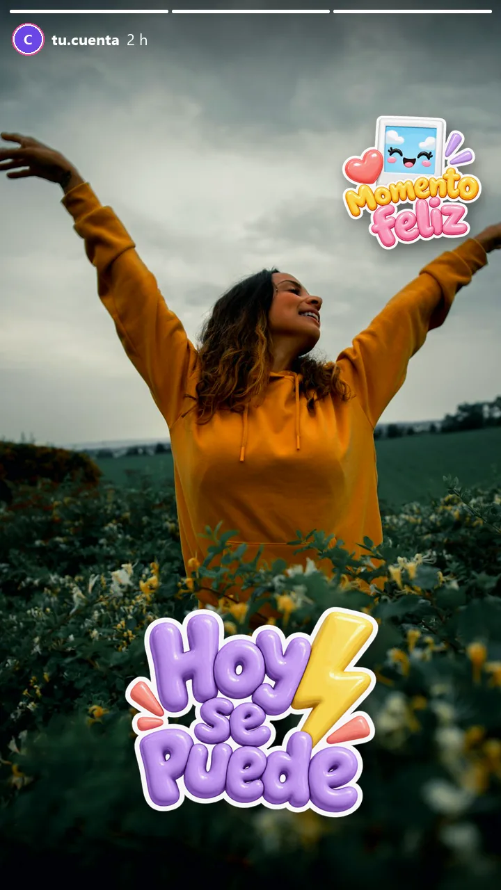 Historia de una mujer feliz en el campo con los stickers Hoy se puede y Momento feliz