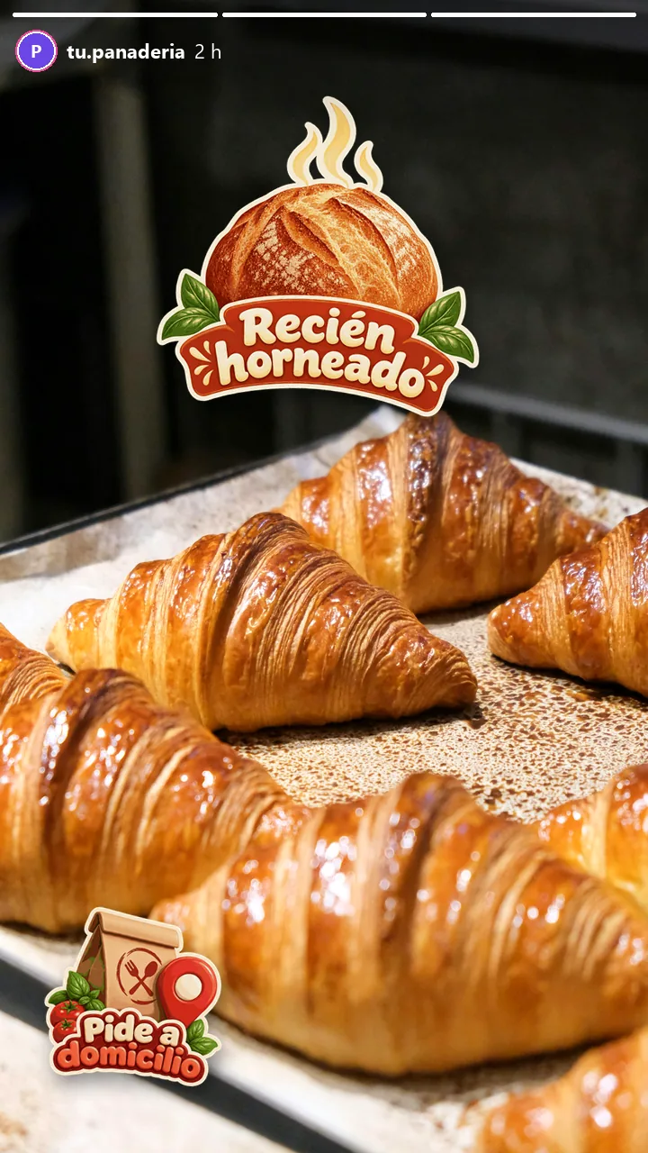 Historia de croissants con los stickers Recién horneado y Pide a domicilio