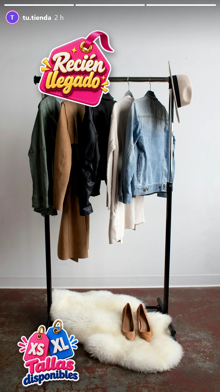 Historia de un perchero de ropa con los stickers Recién llegado y Tallas disponibles